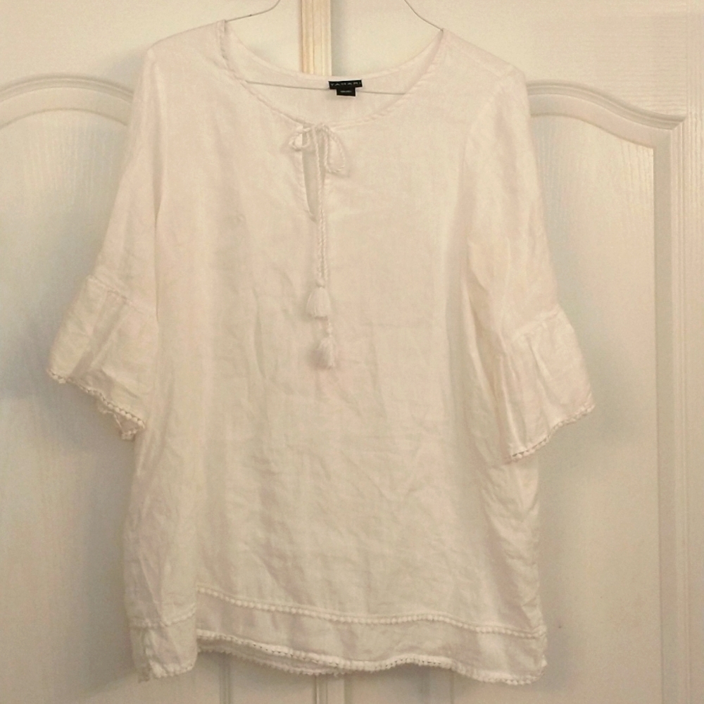 Tahari White Linen Popover Tunic Tassels Pompom Trim 3/4 Bell Sleeves 2X
